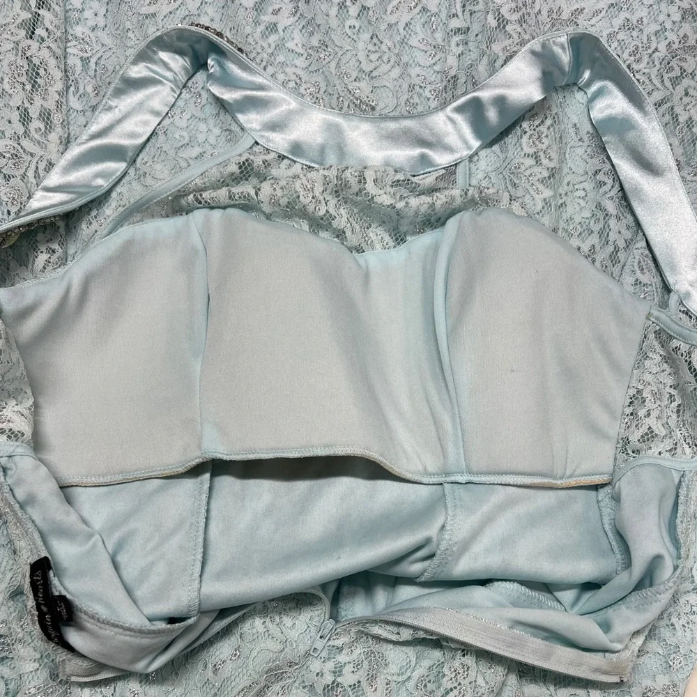 Sequin Hearts Light Blue Lace Beaded Halter Mermaid Formal Prom‎ Dress Size 7